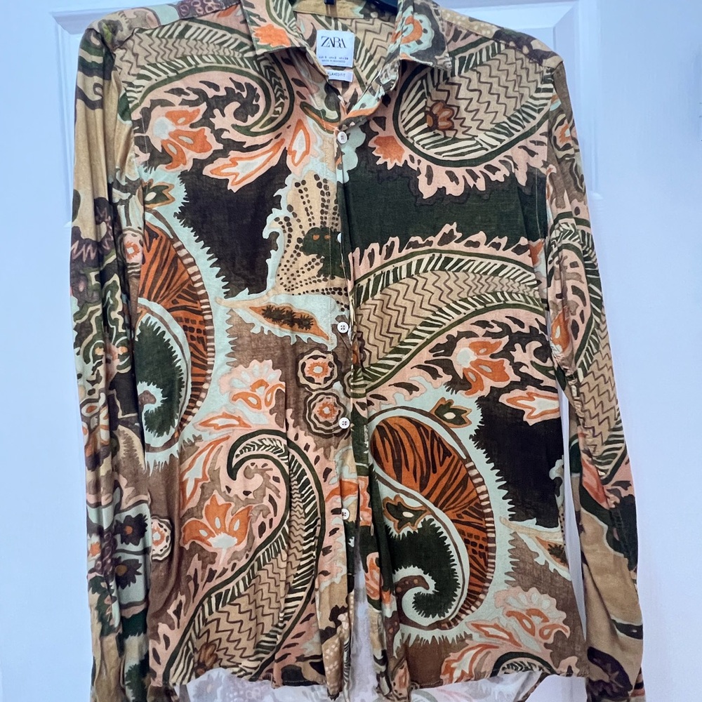Zara Men's Paisley Button Down Shirt - Green and Brown